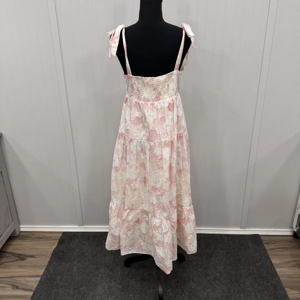 Storia Women's Large Pink Floral Tie Sleeve Maxi Dress Romantic Feminine